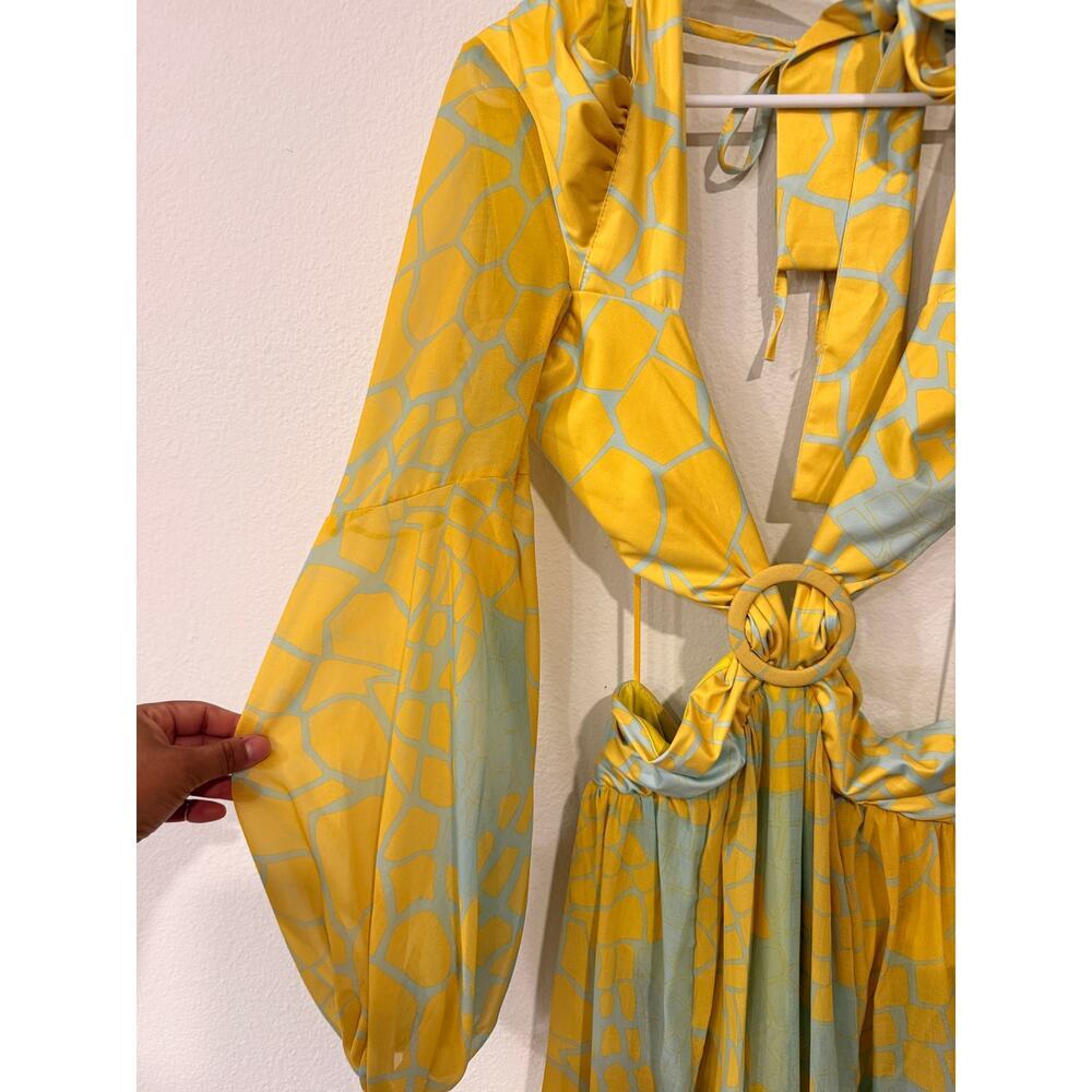 Rhythm Boutique Cutout Plunge Maxi Dress Small Yellow Boho Resort High Slit - Picture 5 of 12